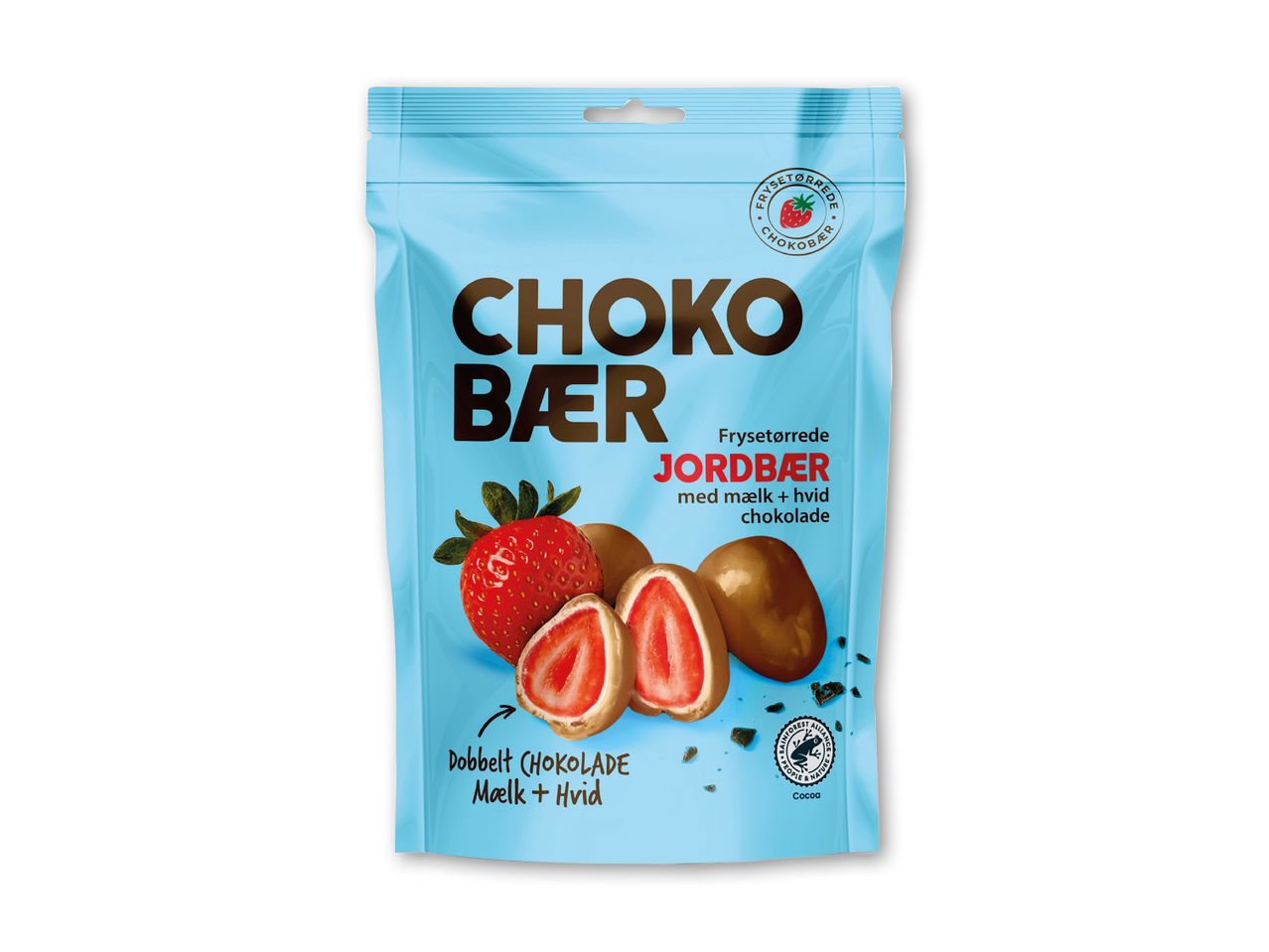 En lyseblå pose med frysetørrede jordbær dækket af mælke- og hvid chokolade.