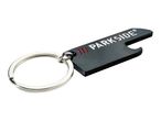 A black Parkside keychain with a bottle opener and a silver split ring.