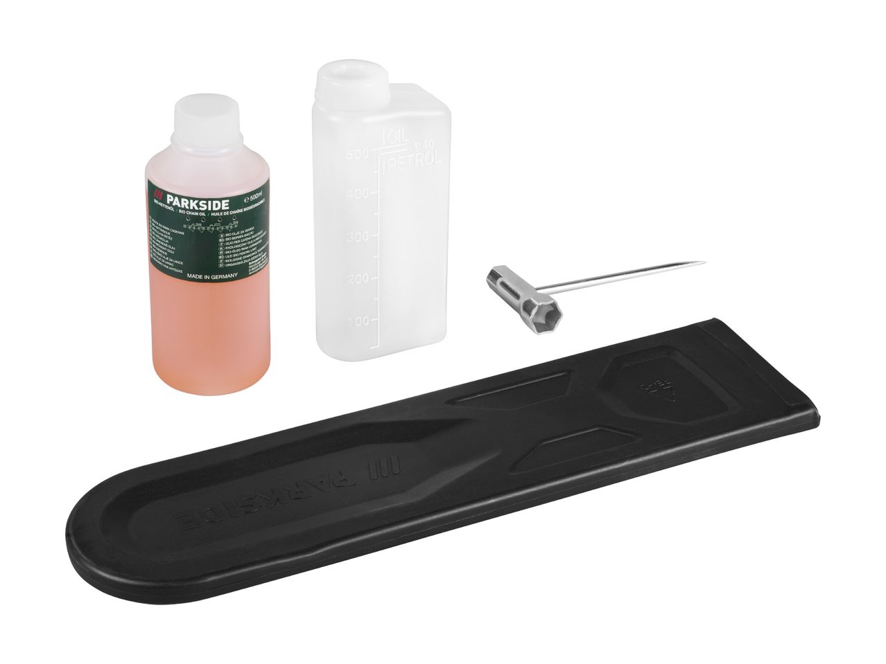 A bottle of bio chain oil, a measuring bottle for oil and petrol, a wrench, and a black chainsaw bar cover.