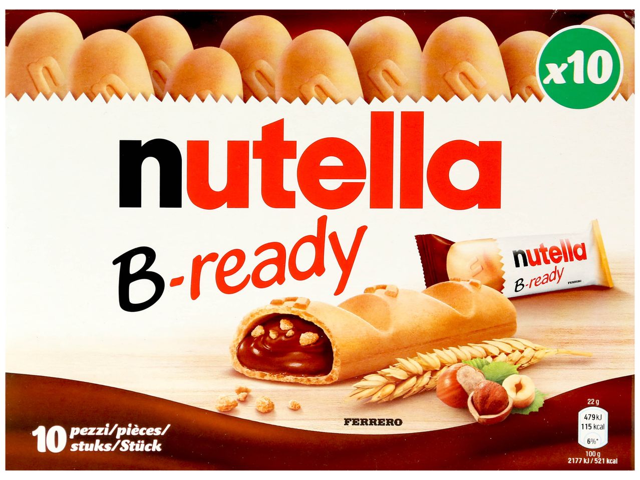 Boîte de 10 bâtonnets Nutella B-ready : biscuits fourrés au Nutella.