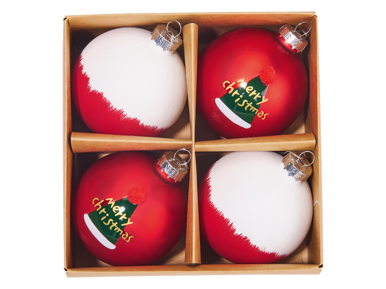 Neli punast ja valget jõuluehet karbis, kahel on tekst 'Merry Christmas'.