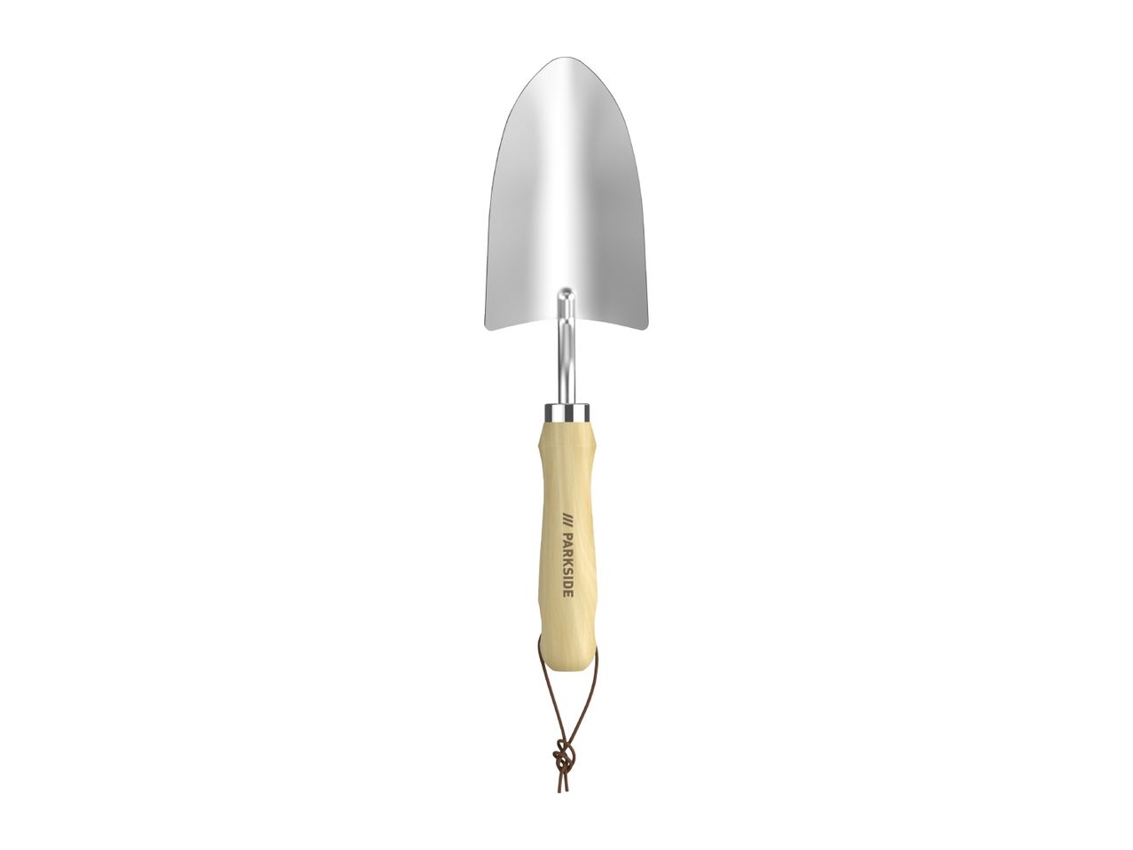 A silver gardening trowel with a light wooden handle and a brown leather loop.
