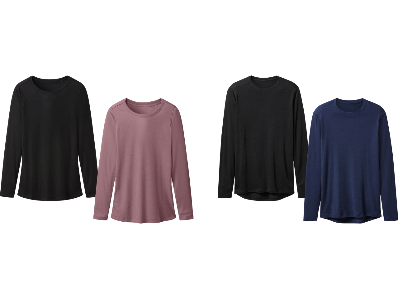 Fyra långärmade tröjor i svart, rosa, mörkgrått och marinblått.