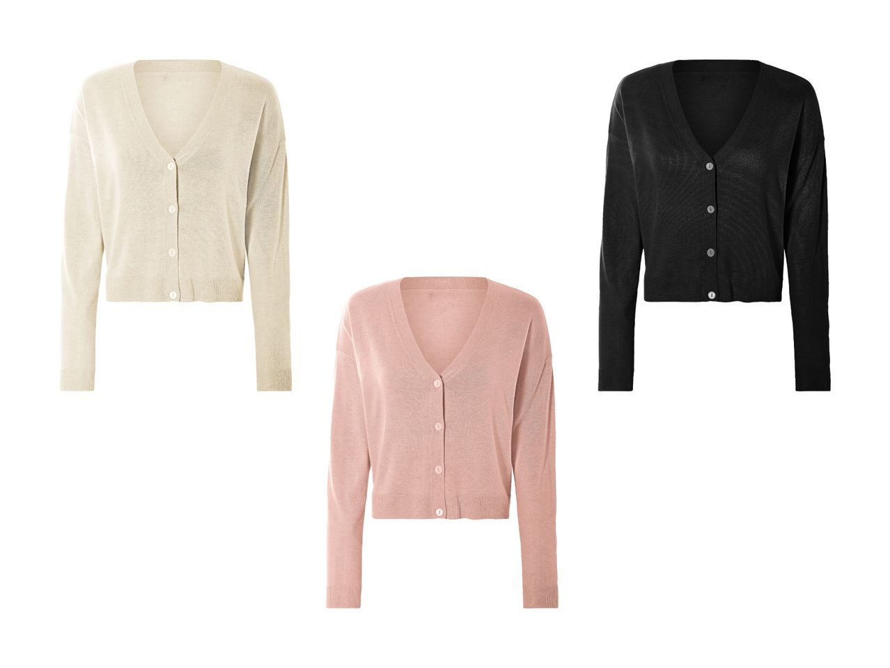 Tre korte cardigans i beige, sort og lyserød.