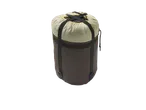 A compressed sleeping bag in a stuff sack, featuring a dark brown base and a light beige top.