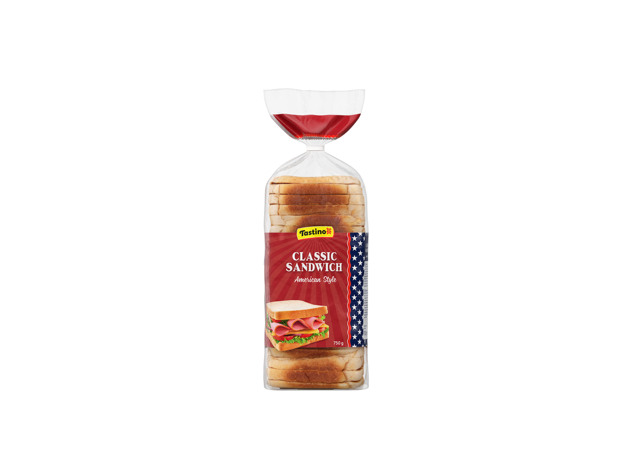 Pain Tastino Classic Sandwich American Style dans son emballage avec une image de sandwich.