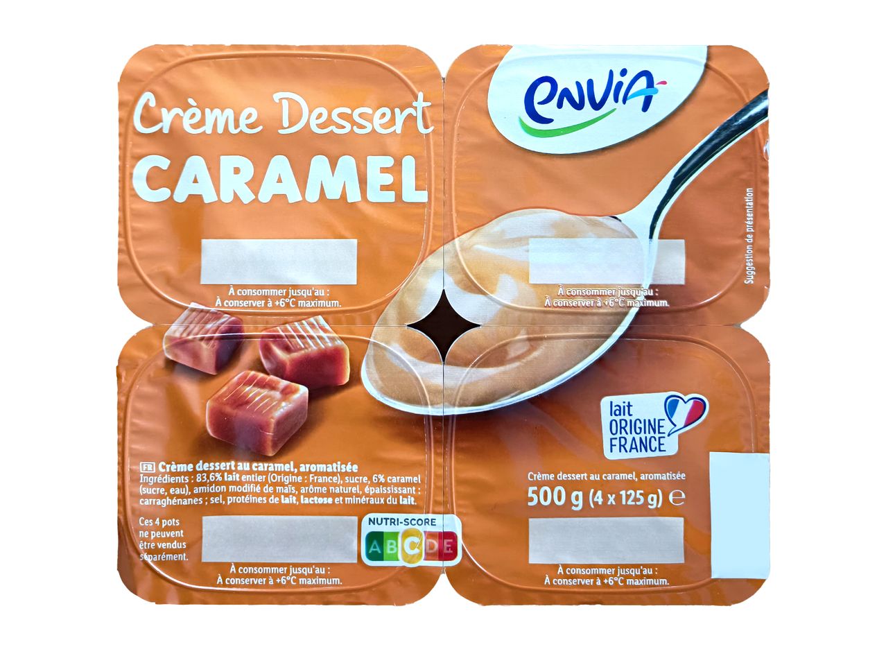 Dessert crème caramel Envia, 4 pots de 125g.