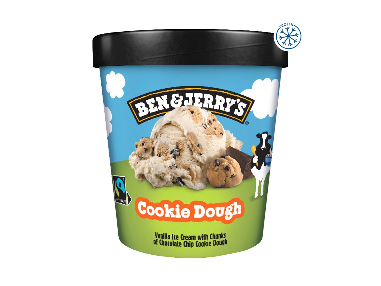 Ben & Jerry's Cookie Dough ice cream tub with a cow holding a spoon.
