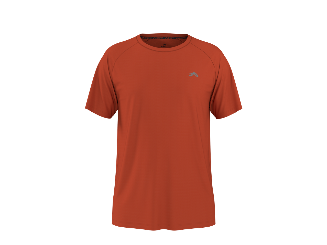 Orange short-sleeved sports t-shirt with a small grey logo on the chest
