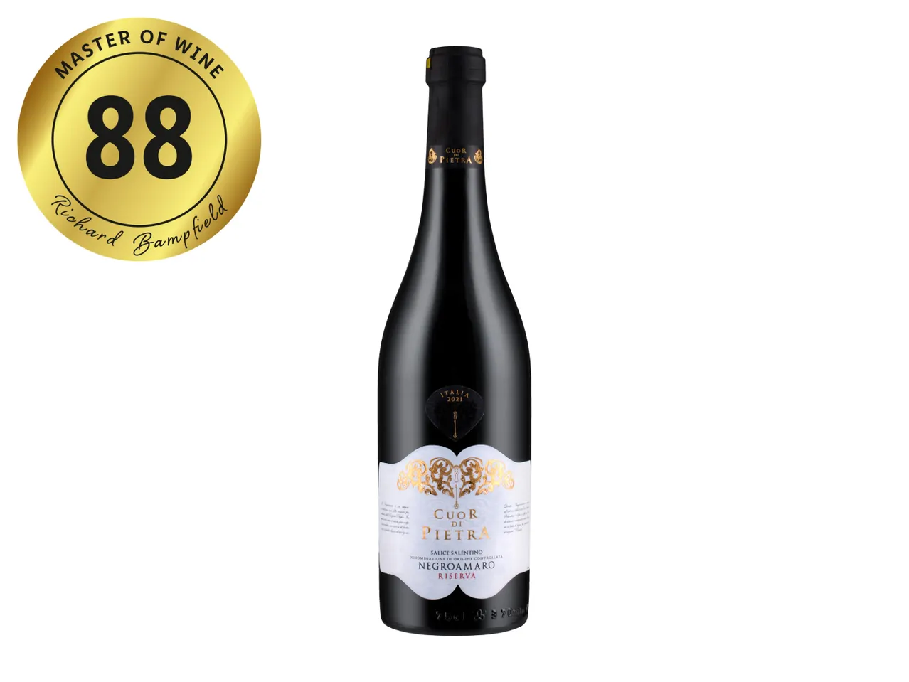 A bottle of red wine with a gold Master of Wine 88-point rating sticker.