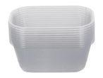 A stack of clear, rectangular plastic food containers.