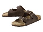 Pair of brown two-strap sandals with cork soles and metal buckles.