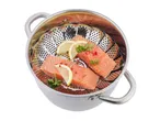 Salmon fillets with lemon and parsley in a stainless steel steamer basket
