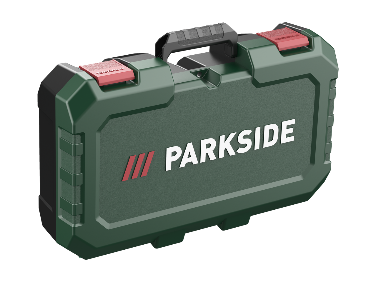Žalias Parkside® įrankių dėklas, tikriausiai 20V pjūklui.