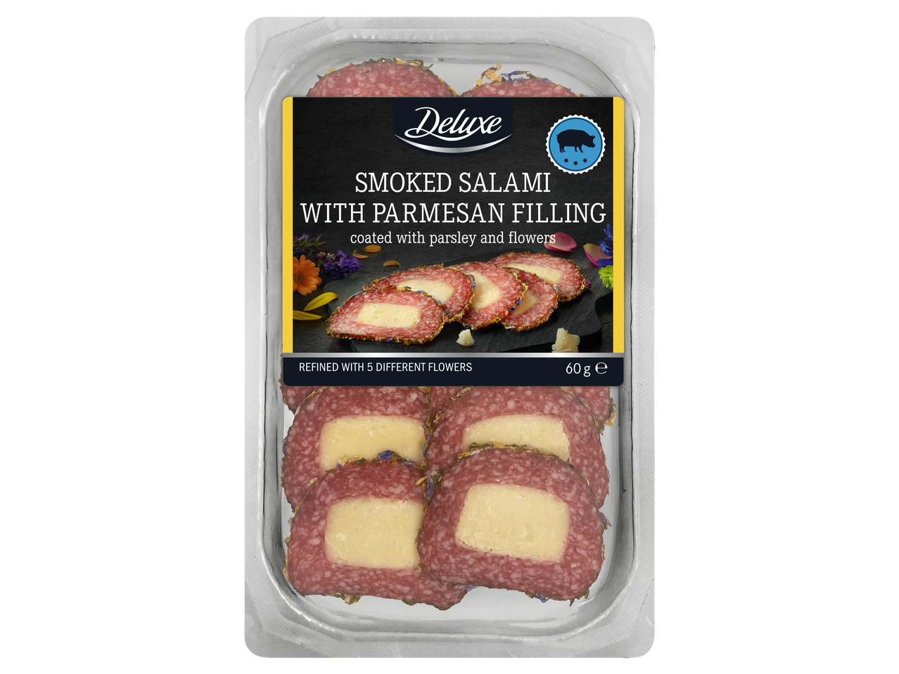 Deluxe suitsusink parmesani täidisega, kaetud peterselli ja lilledega, 60g pakend.