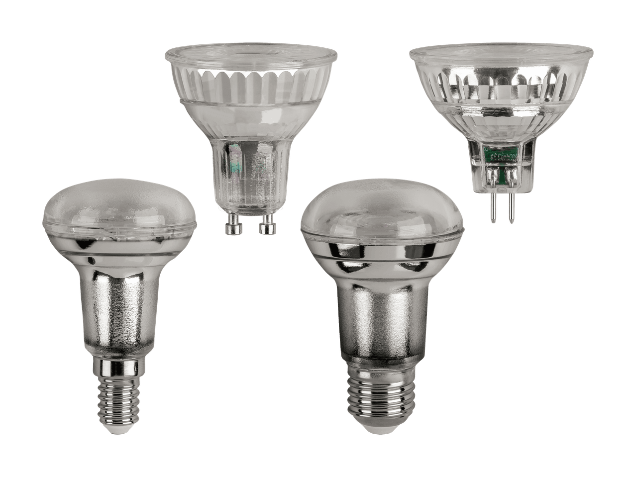 Vier LED-Glühbirnen, zwei mit Schraubsockel und zwei mit Stiftsockel.