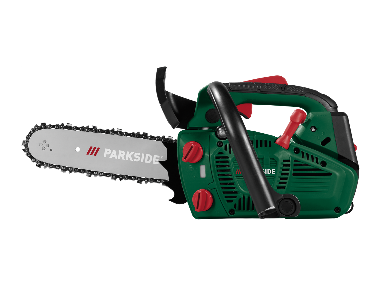 Motorna žaga v zeleni in črni barvi z rdečimi poudarki, z belim rezilom in verigo.
