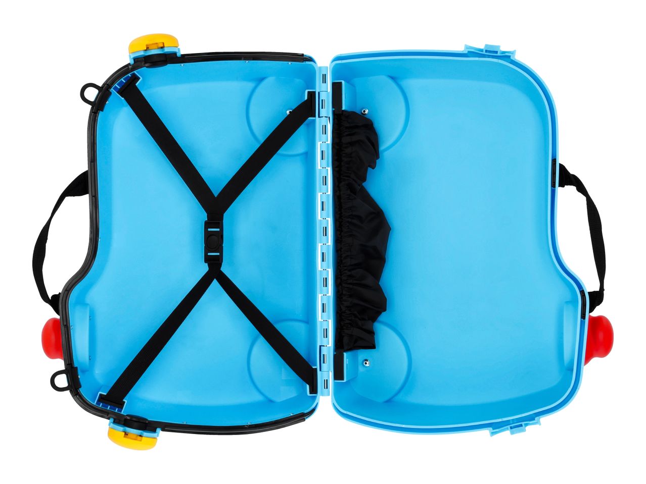 Open blue children's suitcase with black elastic straps and a black fabric pocket.
