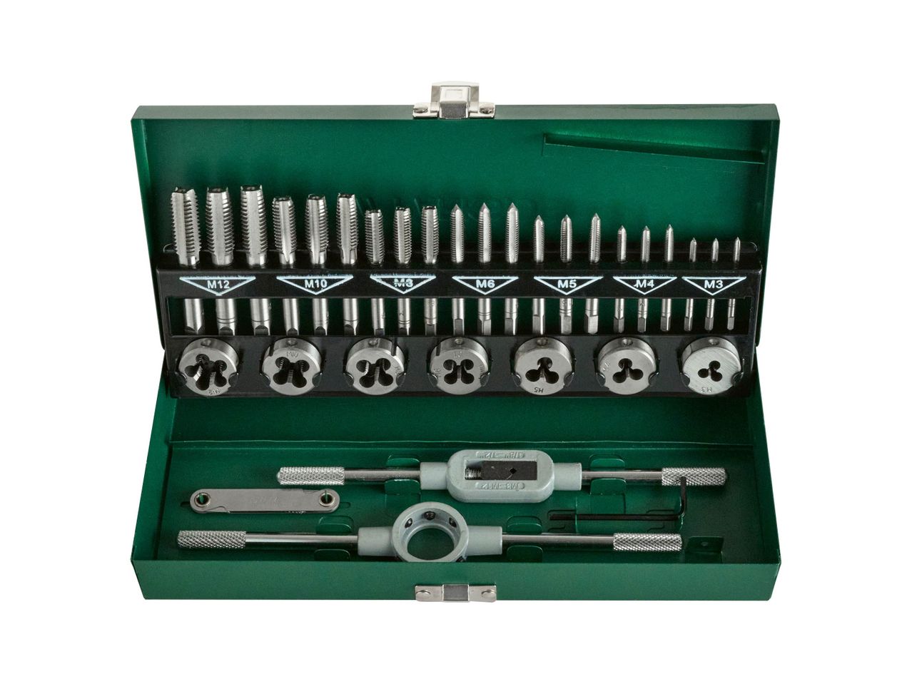 A tap and die set in a green metal case, featuring various sizes of taps and dies, along with handles.