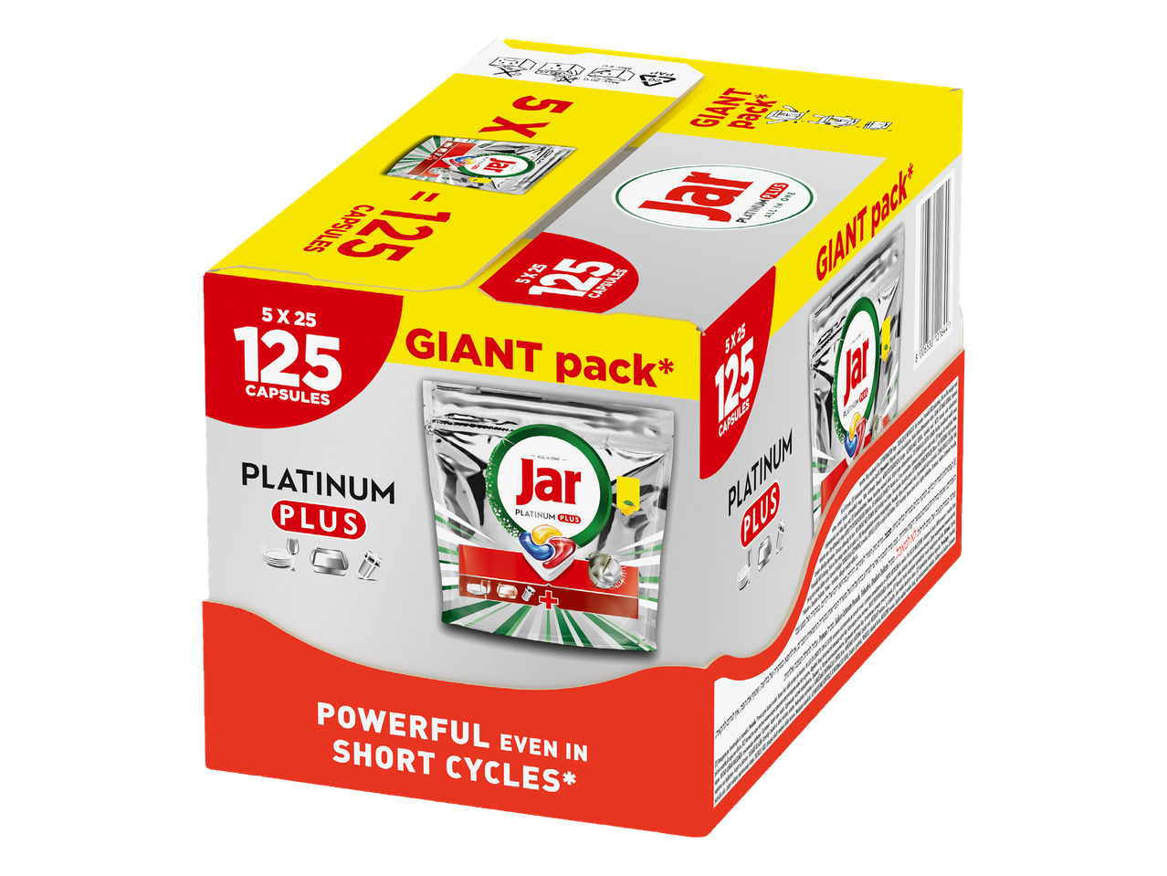 Škatla s 125 kapsulami za pomivalni stroj, z napisom »Platinum Plus« in »Giant Pack«.