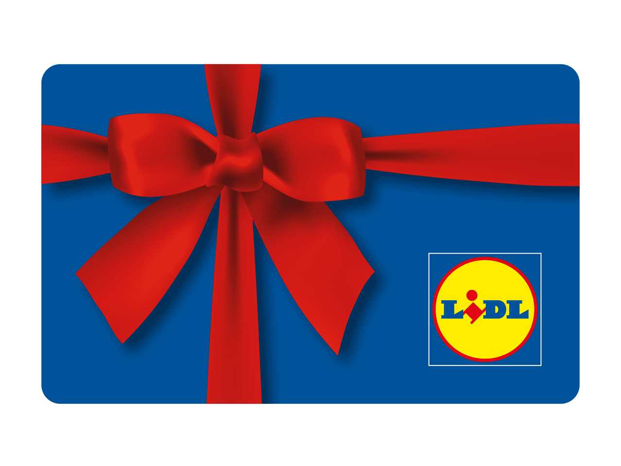 Carta regalo blu con fiocco rosso e logo del supermercato.