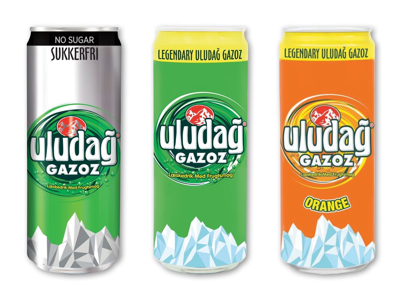 Tre dåser sodavand: sukkerfri, original og appelsin, med bjergdesign.