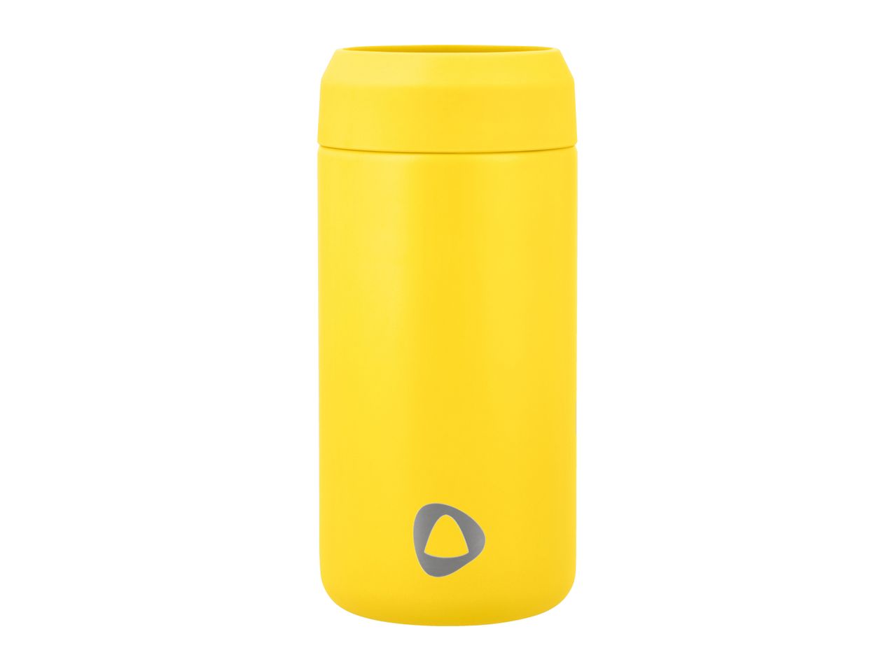 A bright yellow insulated bottle with a grey triangular logo on the front.