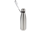 Bouteille isotherme en acier inoxydable avec dragonne noire.
