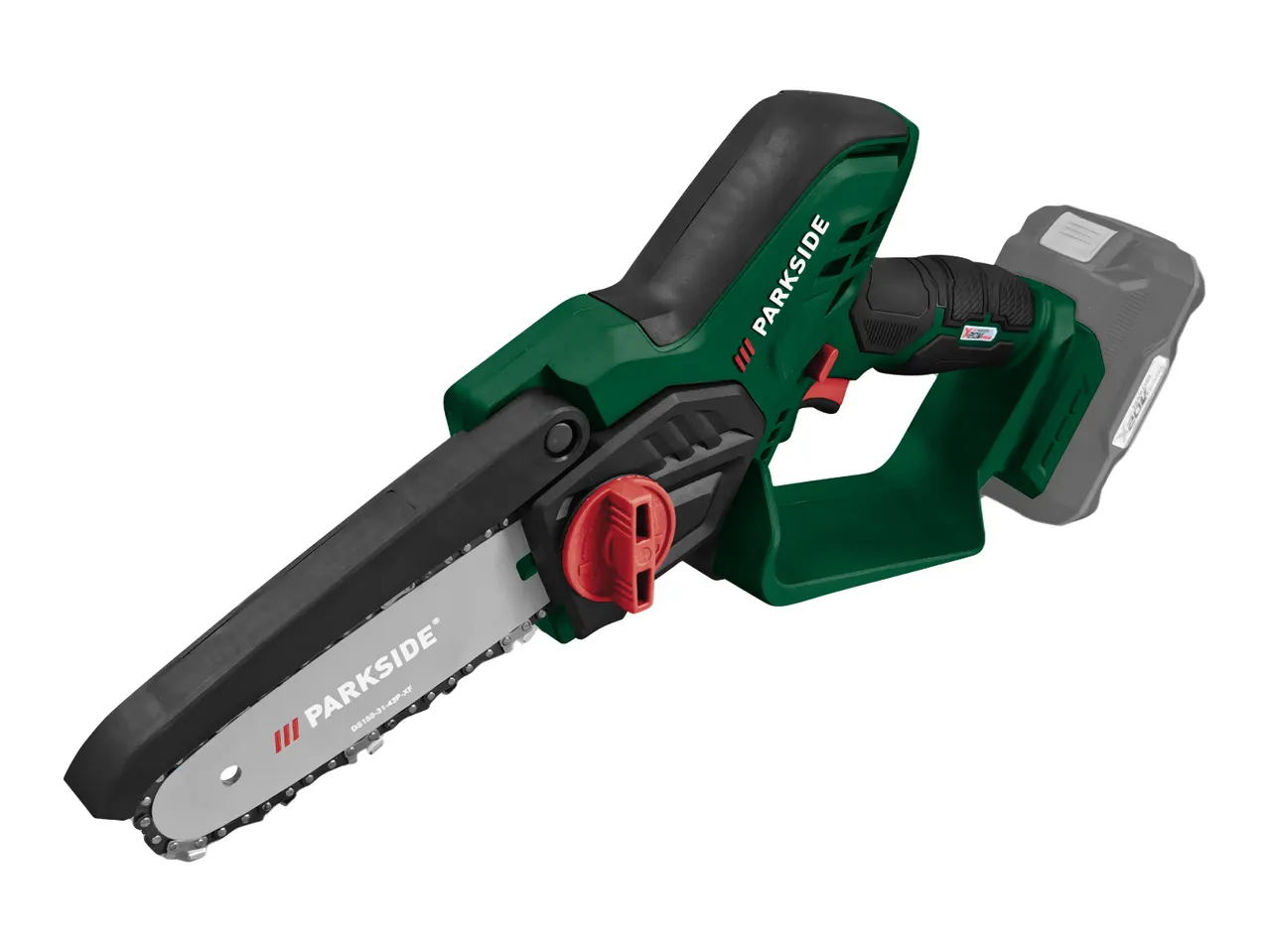 A green and black cordless mini chainsaw with a silver blade and red adjustment knob.