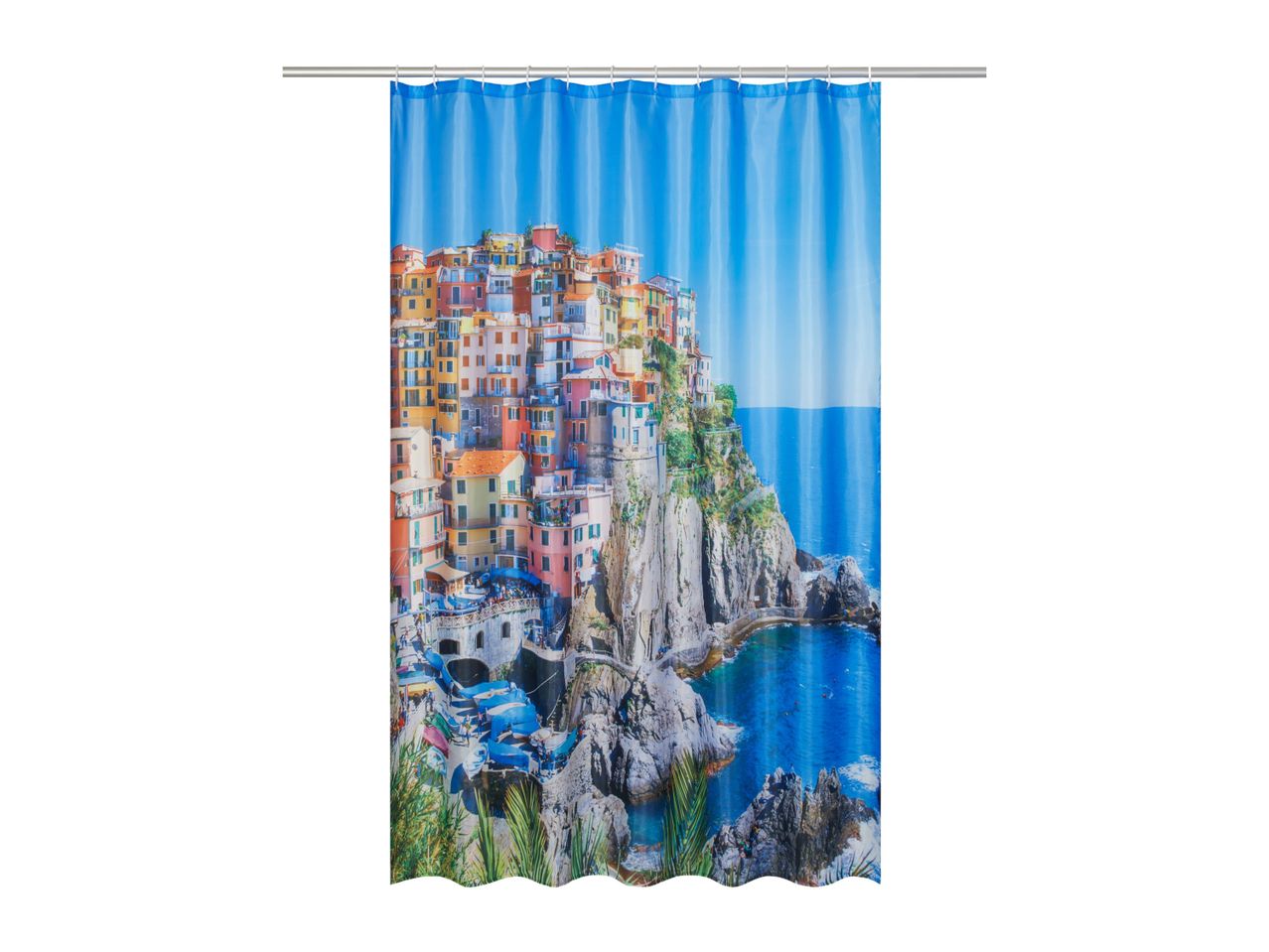 A shower curtain featuring a vibrant Positano, Italy cityscape.