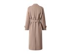 Back view of a long beige trench coat with a belt