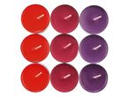 Nine colorful tea light candles in red, magenta, and purple