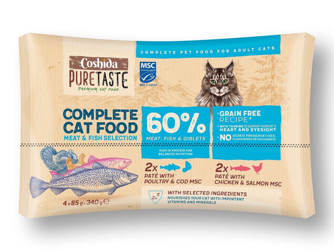 Храна за котки Coshida PureTaste: без зърнени култури, 60% месо, риба и дреболии.