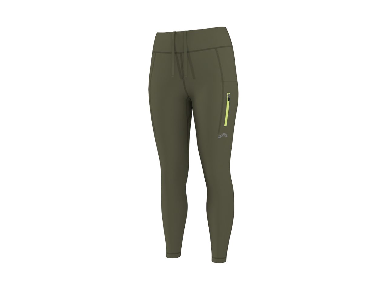 Olive green women's sports leggings with a side pocket and drawstring waist.