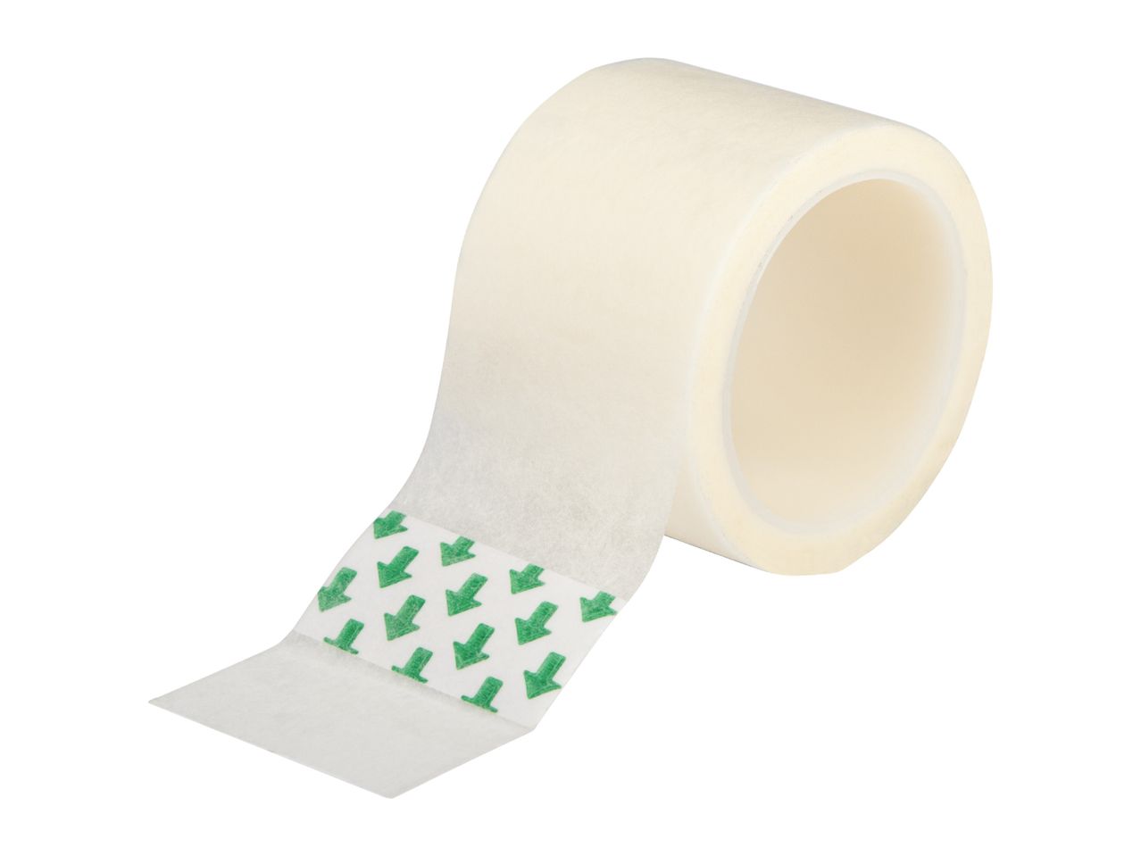 Roll of white medical tape with green arrows on the backing, isolated on white.
