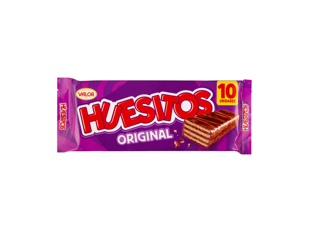 Valor Huesitos Original chocoladewafels, 10 stuks, in paarse verpakking.
