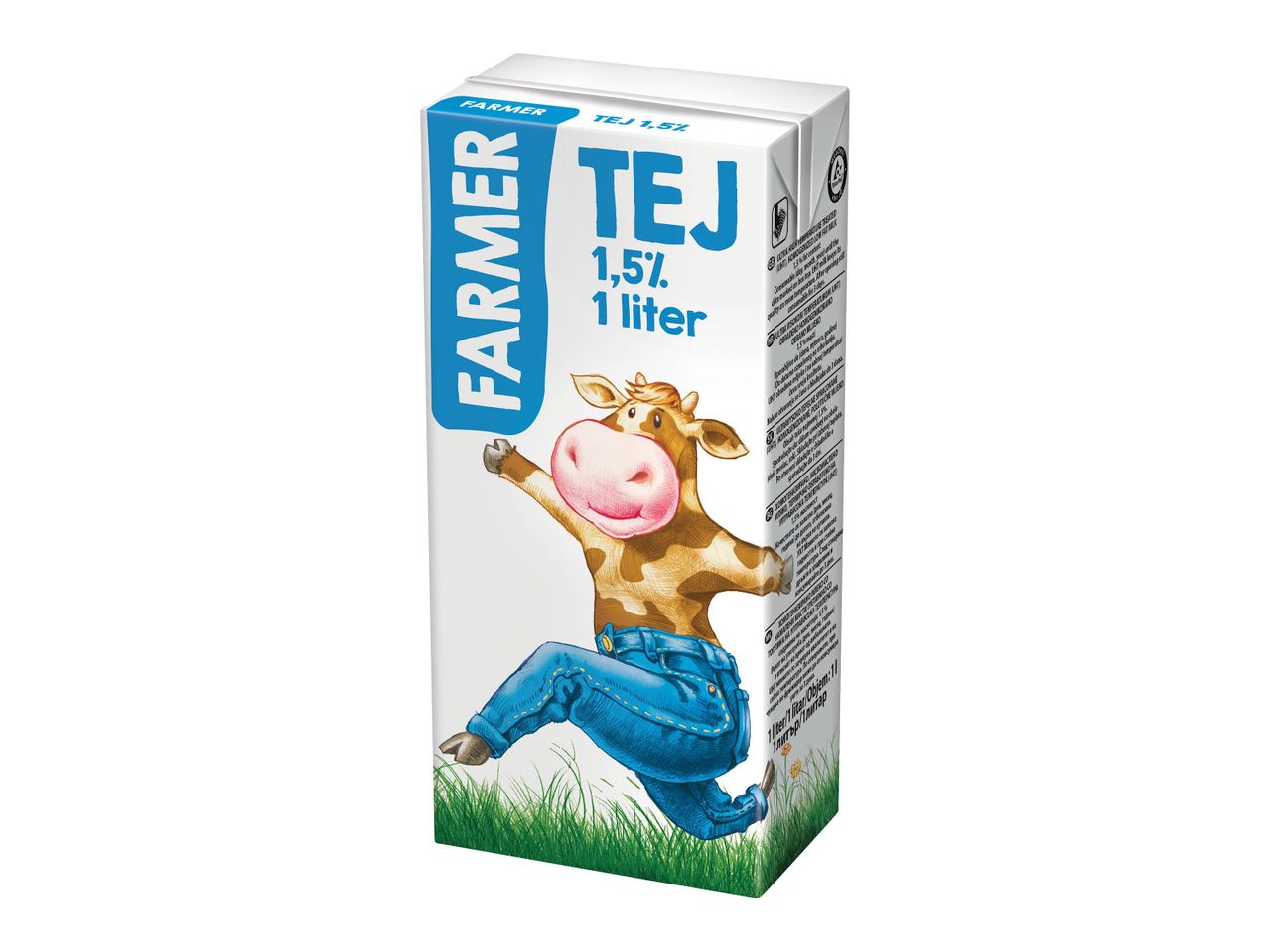 Farmer 1,5%-os tej doboza, rajta egy farmernadrágos tehénnel.
