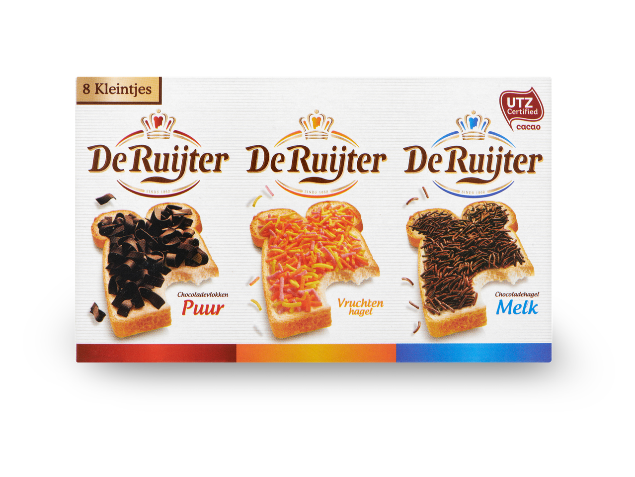 Drie soorten hagelslag op brood: pure chocoladevlokken, vruchtenhagel en melkchocoladehagel.