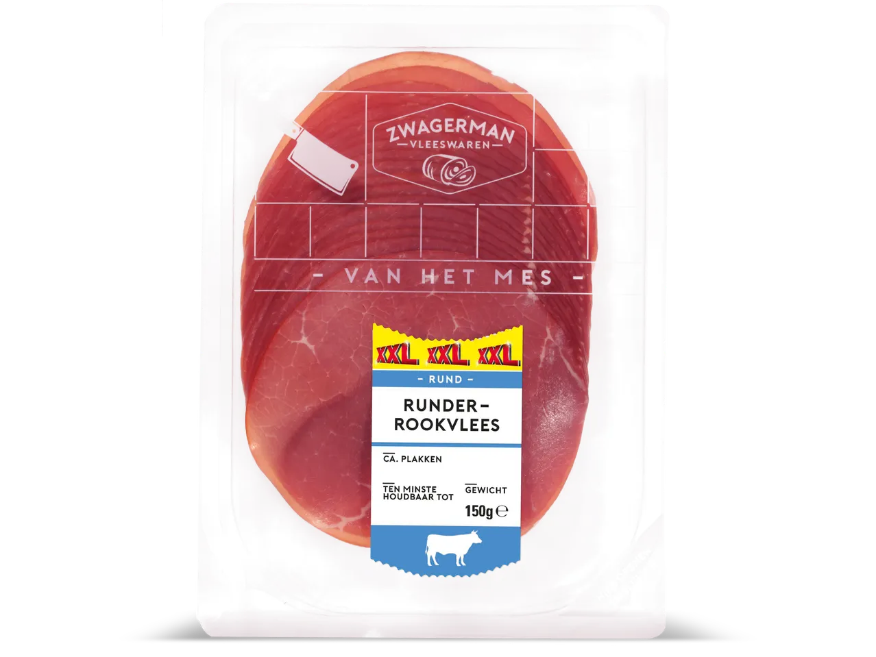 Verpakking Zwagerman Runderrookvlees van 150g met XXL-logo en een afbeelding van een koe.