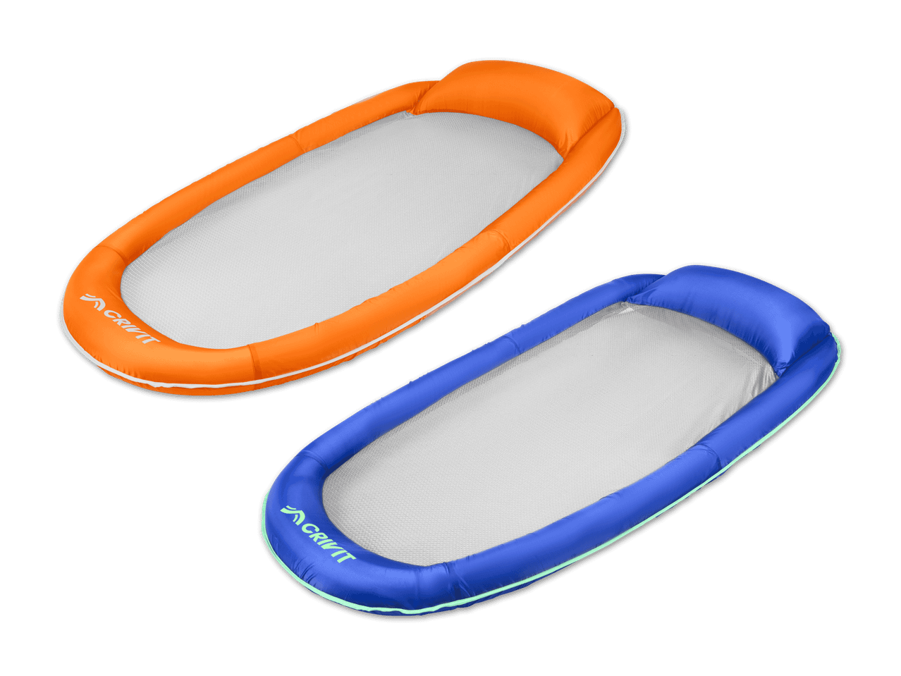 Zwei aufblasbare Pool-Hängematten in Orange und Blau mit Netzliegefläche