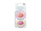 Two pacifiers in pink and cream, packaged together, for babies 18-36 months.