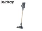 A grey and gold cordless stick vacuum cleaner with a brush head and LED lights.