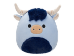 Blue Squishmallows bull plush toy with dark blue fur and beige horns.