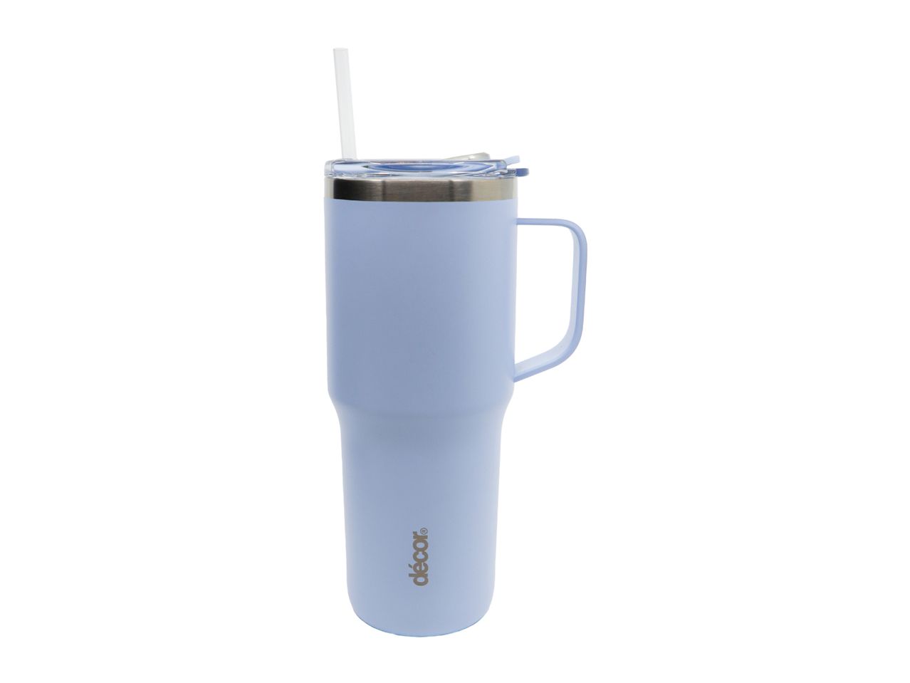 A light purple stainless steel travel mug with a handle and straw.