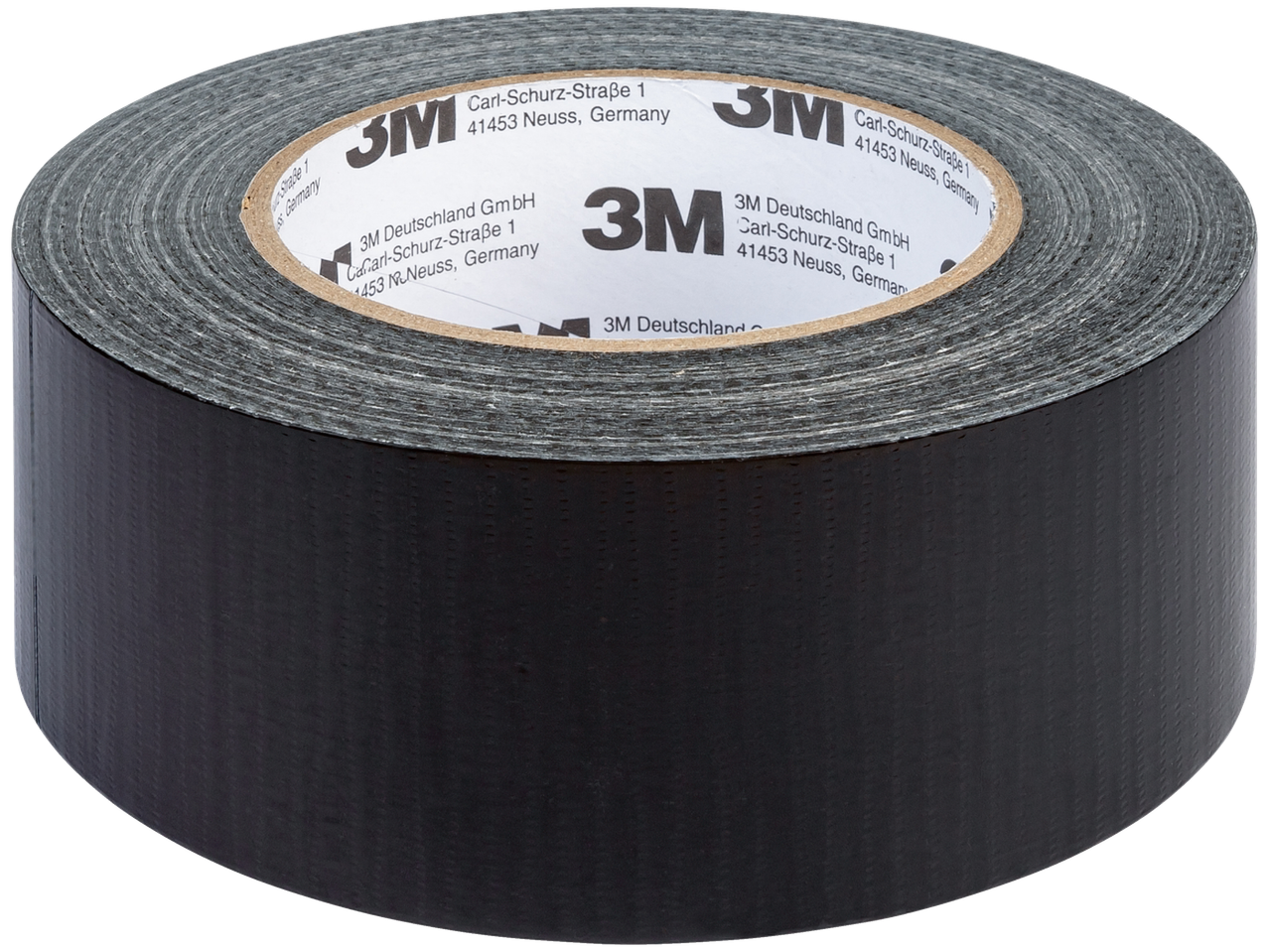A roll of black 3M duct tape with product information on the core.