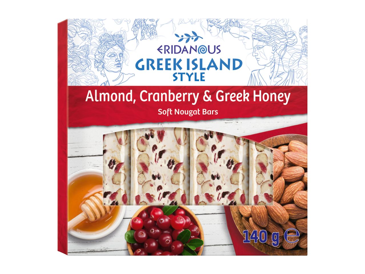 Eridanous Greek Island Style Almond, Cranberry & Greek Honey Soft Nougat Bars, 140g.