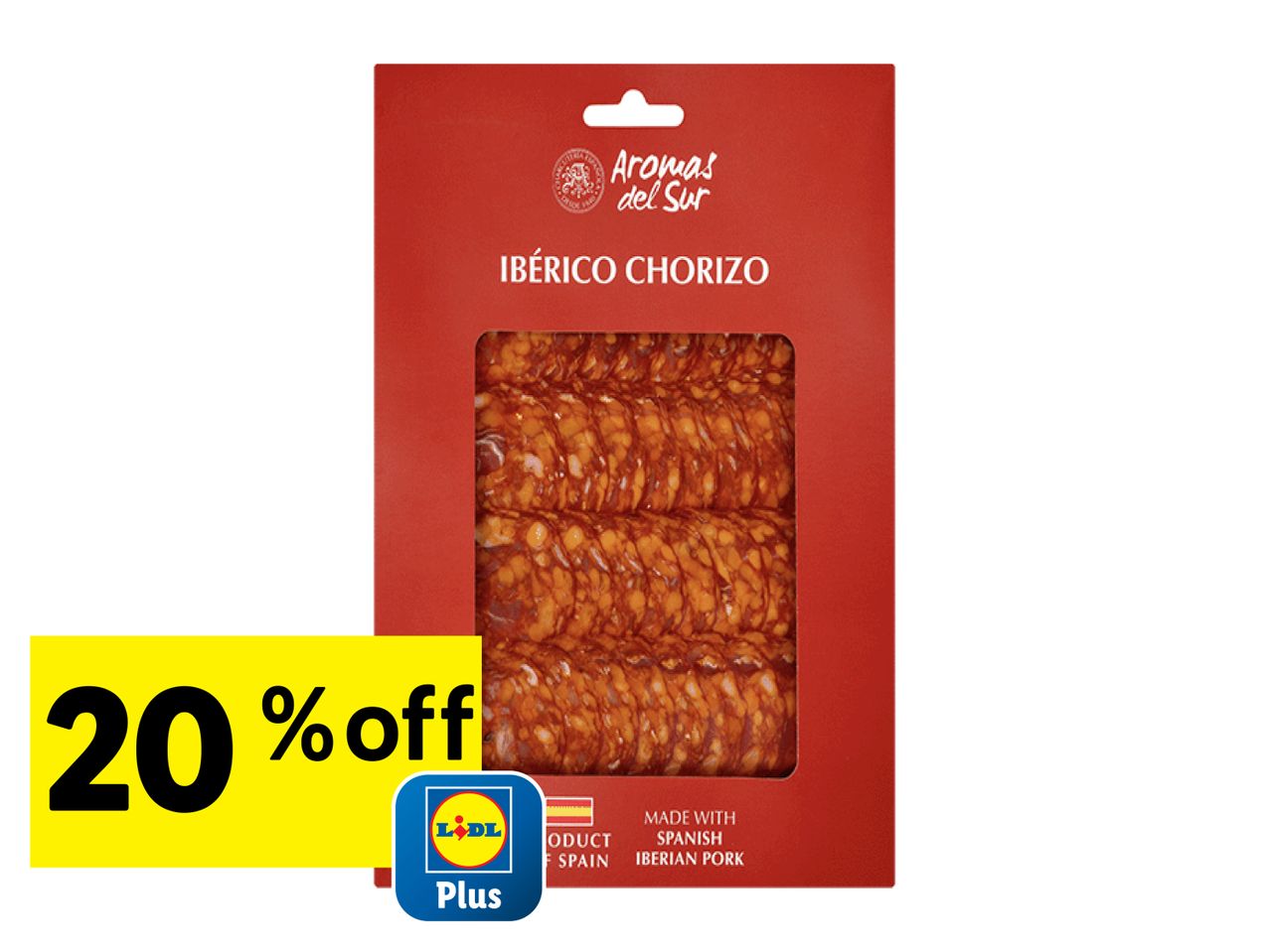 A pack of Ibérico Chorizo with a 20% off Lidl Plus offer.