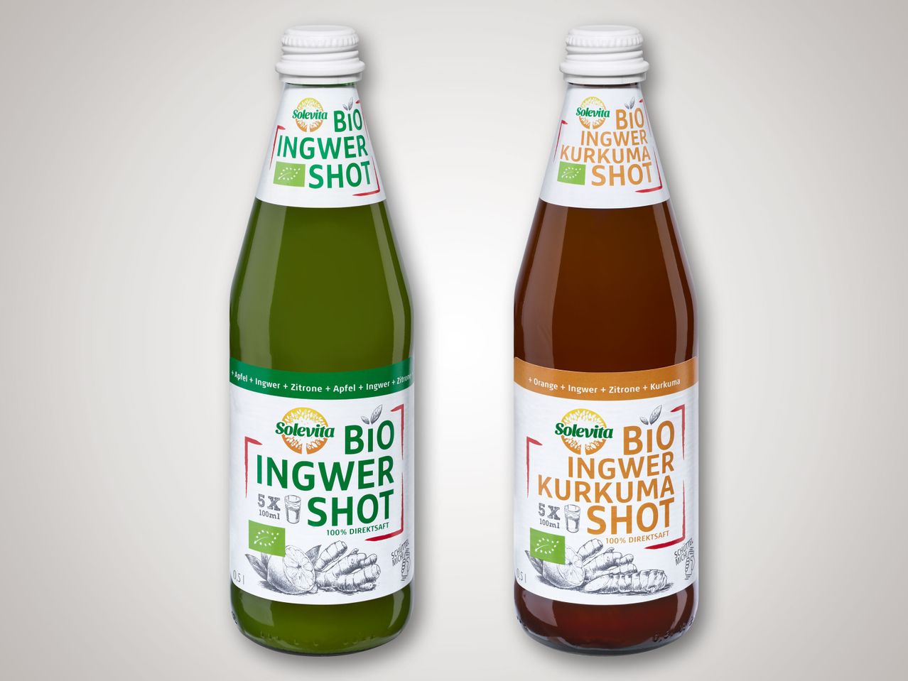 Solevita Bio Ingwer Shot Getränke: Ingwer und Ingwer-Kurkuma Sorten.