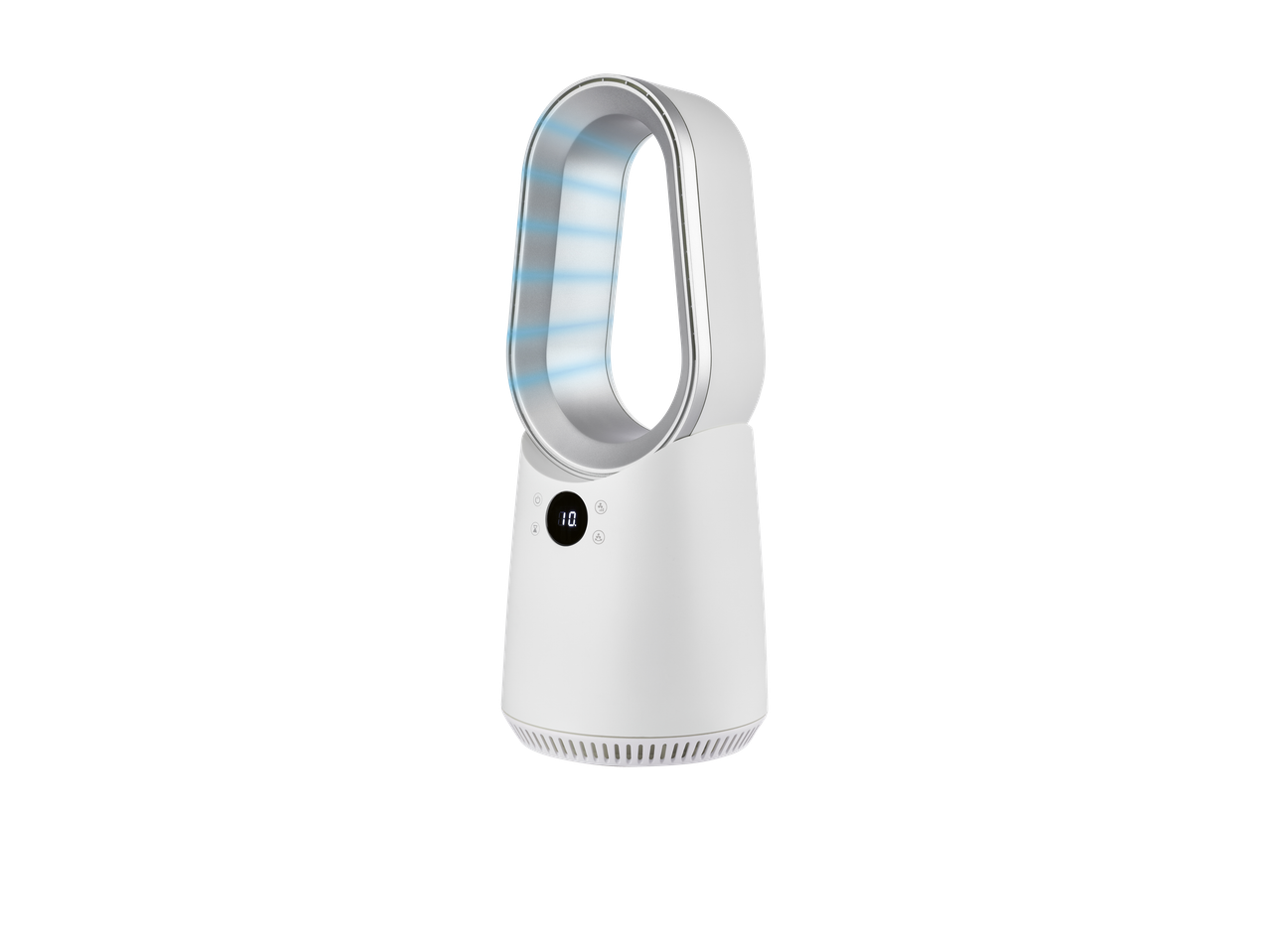 Ventilator alb fără pale cu afișaj digital și comenzi tactile