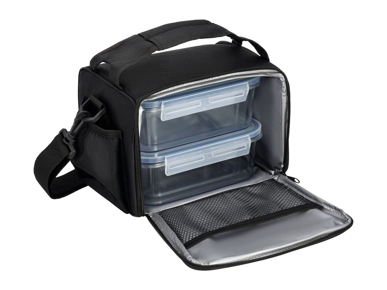 Black lunch bag with two clear food containers and a shoulder strap.